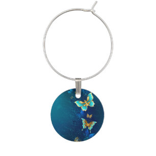 Golden Butterflies on a Blue Background Wine Charm