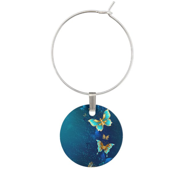 Golden Butterflies on a Blue Background Wine Charm (Front)