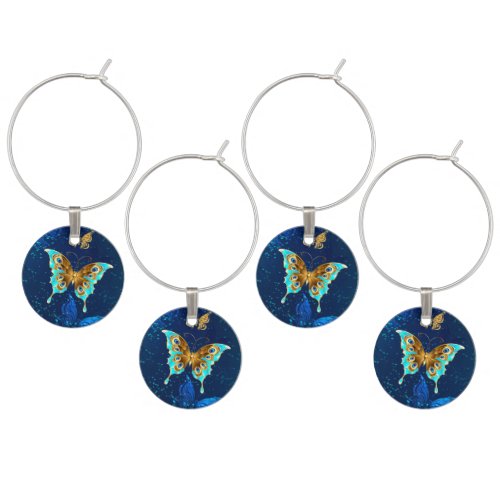 Golden Butterflies on a Blue Background Wine Charm