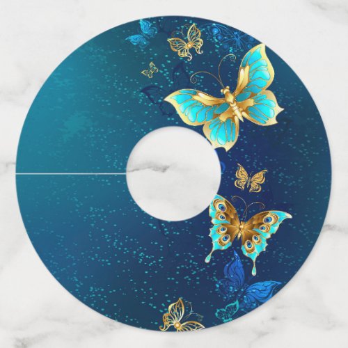 Golden Butterflies on a Blue Background Wine Glass Tag