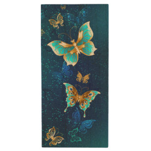Golden Butterflies on a Blue Background Wood Flash Drive