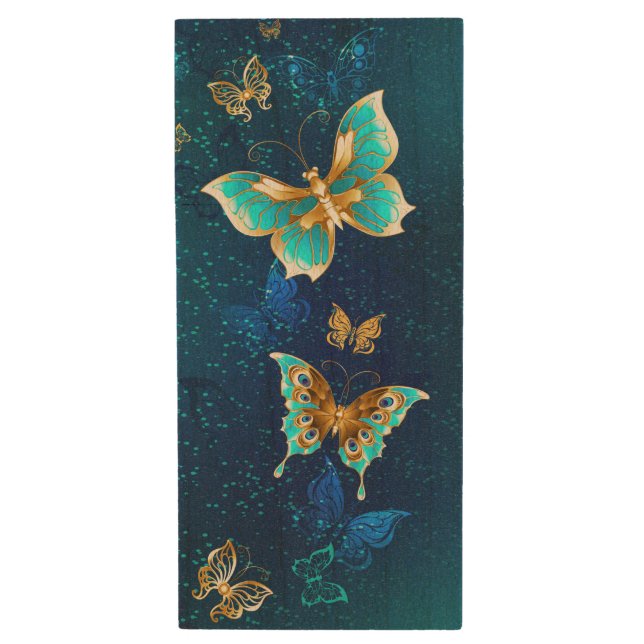 Golden Butterflies on a Blue Background Wood Flash Drive (Front Vertical)