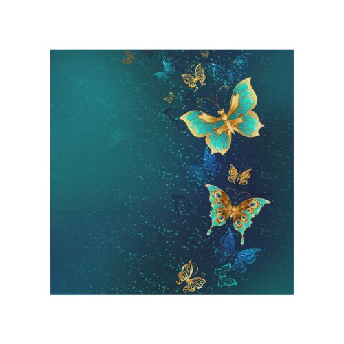 Golden Butterflies on a Blue Background Wood Wall Art