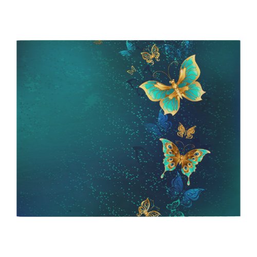 Golden Butterflies on a Blue Background Wood Wall Art