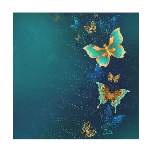 Golden Butterflies on a Blue Background Wood Wall Art