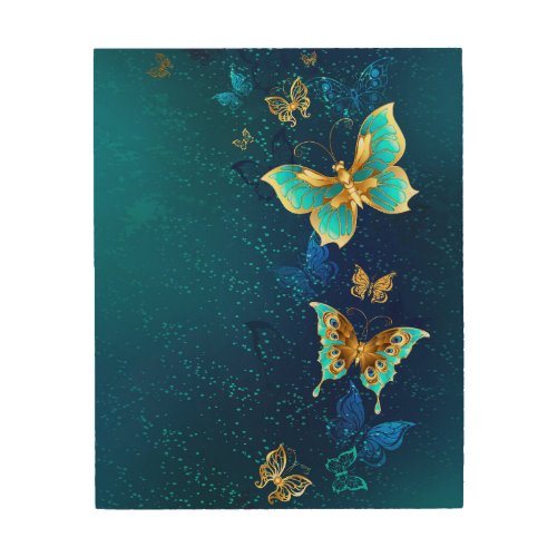 Golden Butterflies on a Blue Background Wood Wall Art