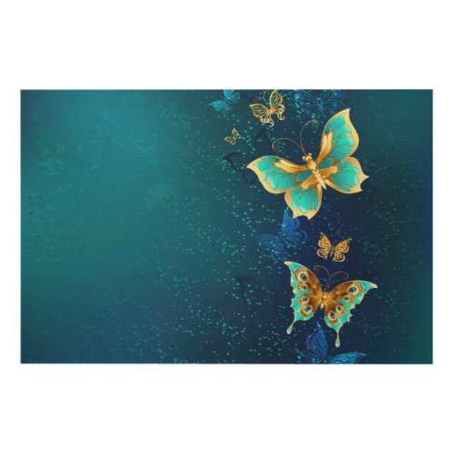 Golden Butterflies on a Blue Background Wood Wall Art