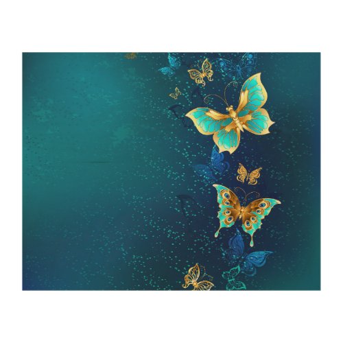 Golden Butterflies on a Blue Background Wood Wall Art