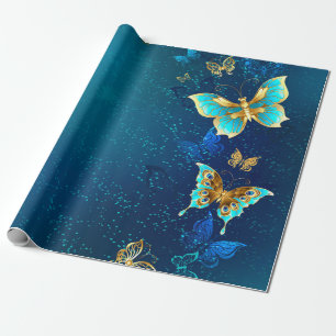 Golden Butterflies on a Blue Background Wrapping Paper