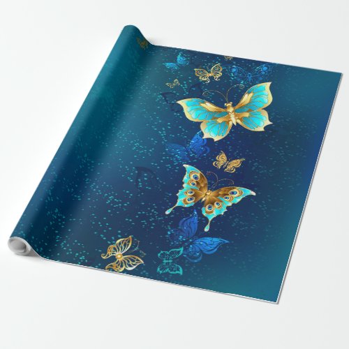 Golden Butterflies on a Blue Background Wrapping Paper