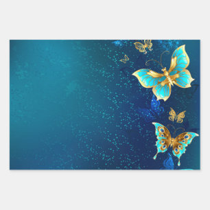 Golden Butterflies on a Blue Background Wrapping Paper Sheets