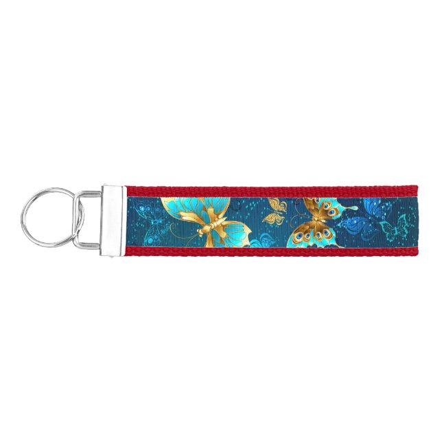 Golden Butterflies on a Blue Background Wrist Keychain (Keys on Left)