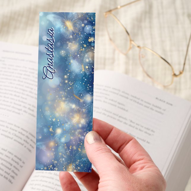 Golden Butterflies on Dreamy Blue Background Bookmarks (Hand)
