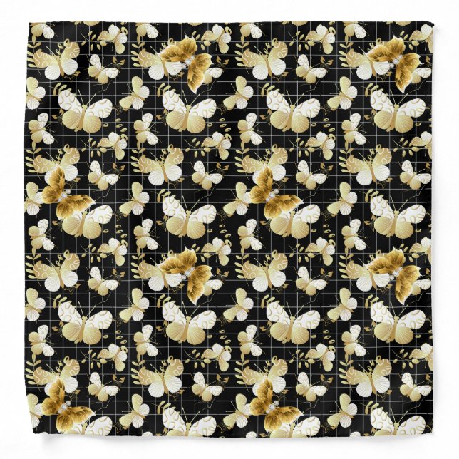 Golden butterflies Pattern 20.bw Black BG Bandana (Front)