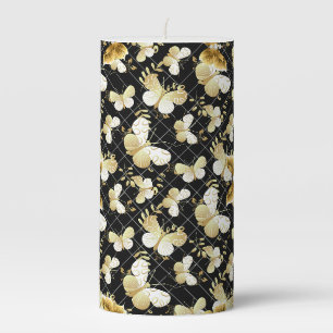 Golden butterflies Pattern 20.bw Black BG Pillar Candle