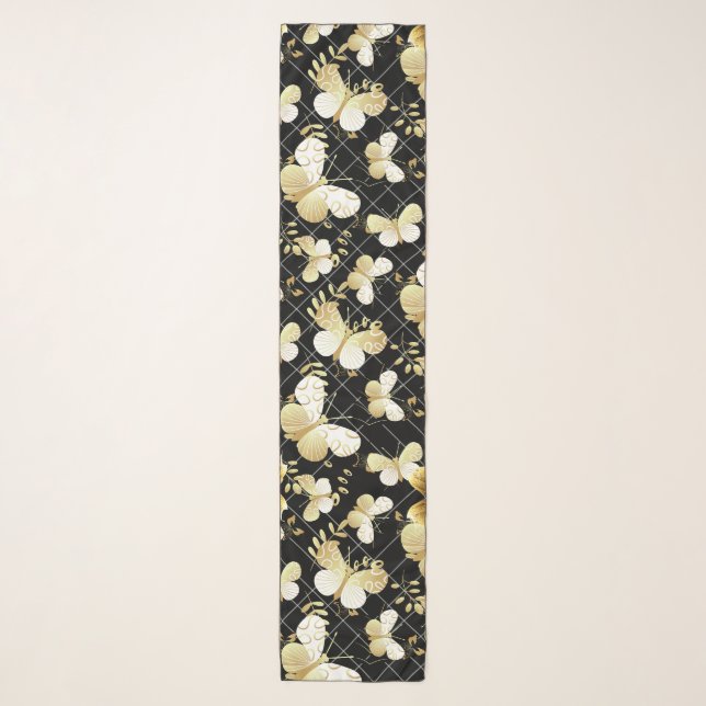 Golden butterflies Pattern 20.bw Black BG Scarf (Front)