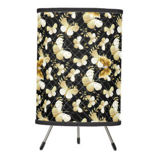 Golden butterflies Pattern 20.bw Black BG Tripod Lamp