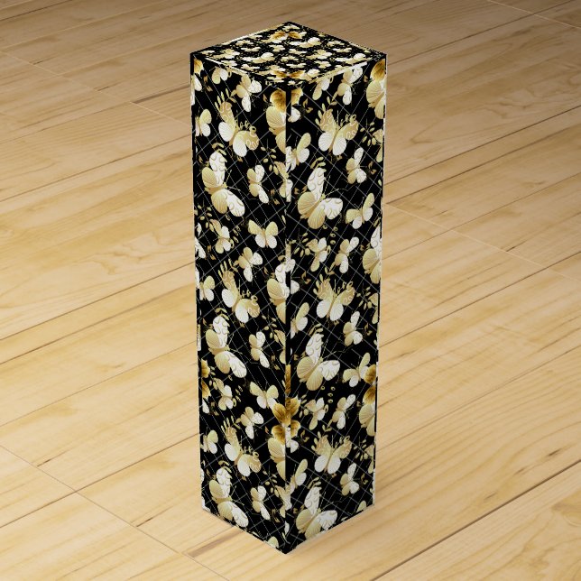 Golden butterflies Pattern 20.bw Black BG Wine Box (Front)
