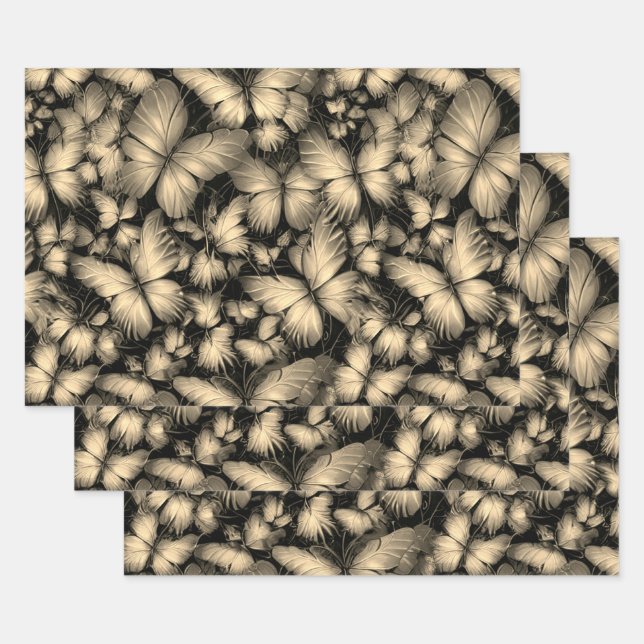 Golden Butterflies Print Wrapping Paper Sheets (Set)