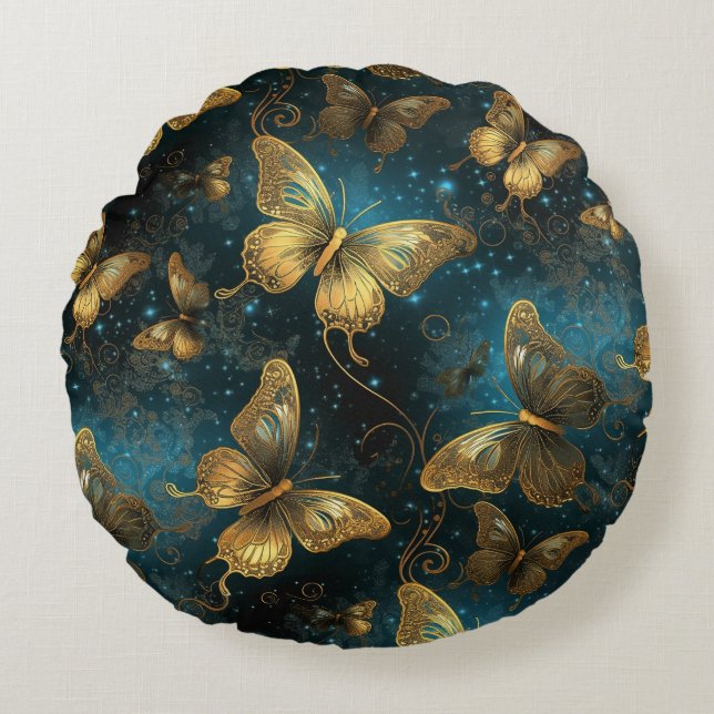 Golden Butterflies Round Pillow (Front)