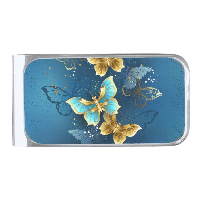 Golden butterflies silver finish money clip (Front)