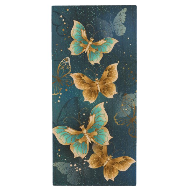 Golden butterflies wood flash drive (Front Vertical)