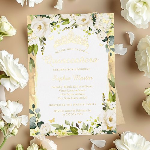 Golden Butterfly Champagne Floral Quinceanera   Foil Invitation