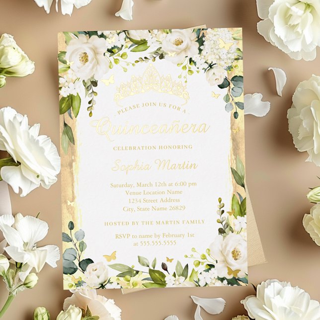 Golden Butterfly Champagne Floral Quinceanera   Foil Invitation (Creator Uploaded)