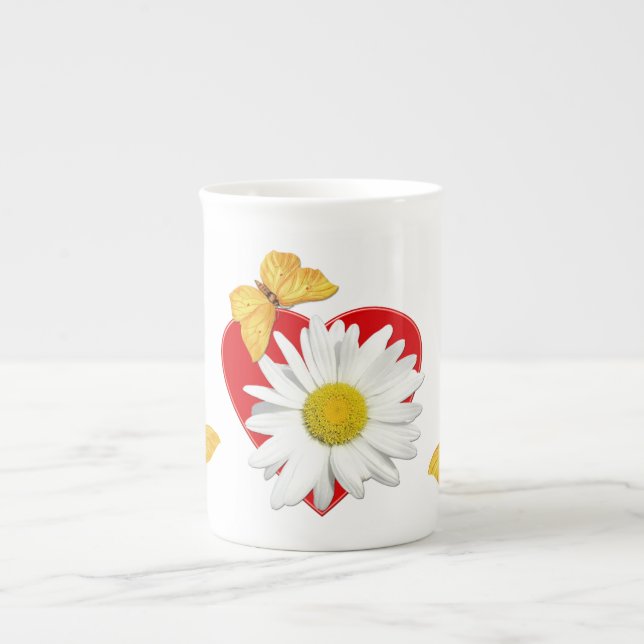 Golden Butterfly Daisy Heart Bone China Mug (Front)