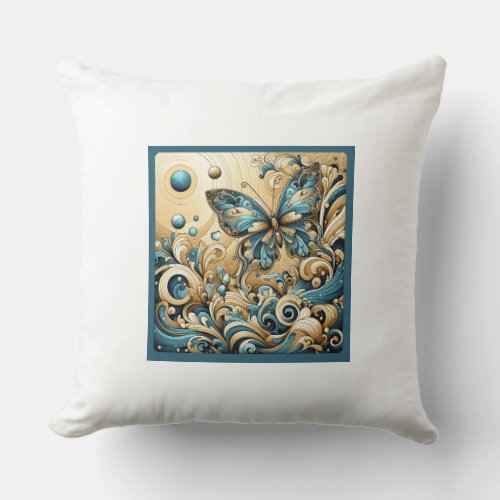 Golden Butterfly Dreams in blue Waves Throw Pillow