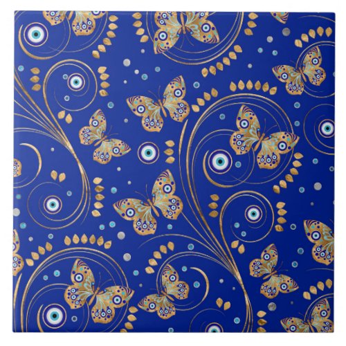 Golden Butterfly Evil Eye Pattern Ceramic Tile