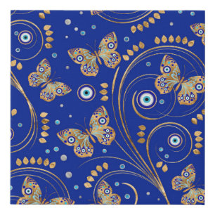 Golden Butterfly Evil Eye Pattern Faux Canvas Print