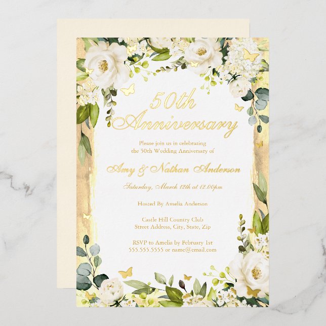 Golden Butterfly Floral 50th Wedding Anniversary  Foil Invitation (Front/Back)