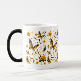 Golden Butterfly Floral Mug | Elegant Black Handle