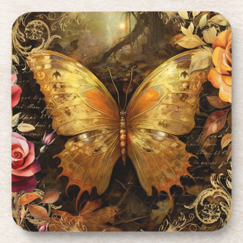 Golden Butterfly in Autumn Beverage Coaster