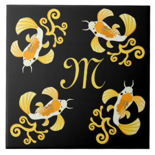 Golden Butterfly Koi Monogram Ceramic Tile