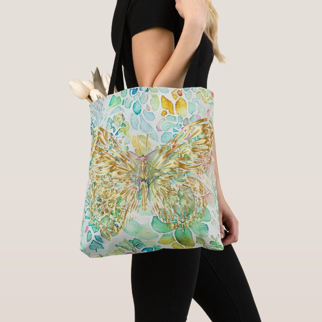 Golden Butterfly on Floral Tote Bag (Close Up)