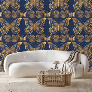 Golden Butterfly on Sapphire Peel and Stick Wallpaper