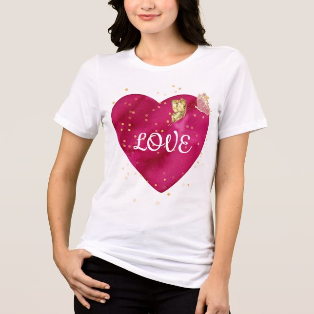 Golden Butterfly Pink Heart Valentine T-Shirt Tri-Blend Shirt (Front)