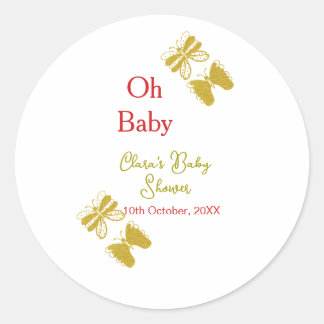 Golden butterfly red baby shower oh baby modern classic round sticker