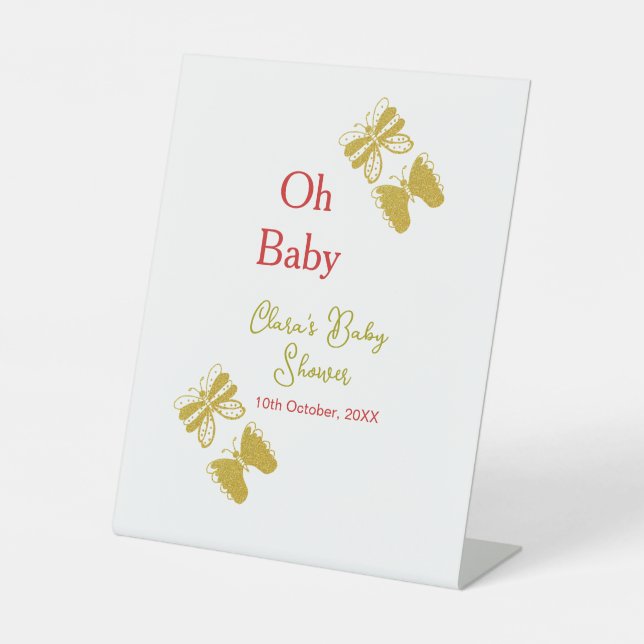 Golden butterfly red baby shower oh baby modern pedestal sign (Front)