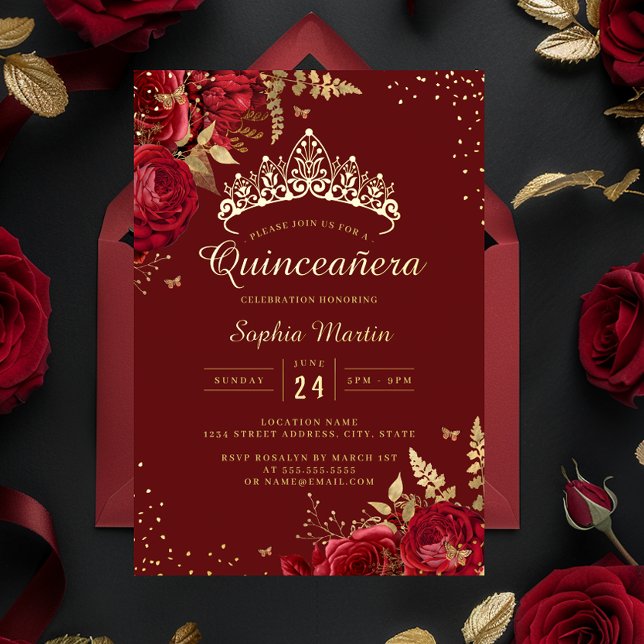 Golden Butterfly Red Floral Rose Quinceanera  Foil Invitation (Creator Uploaded)