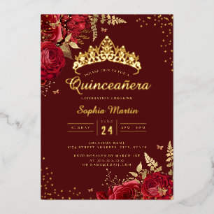 Golden Butterfly Red Gold Floral Quinceanera Foil Invitation