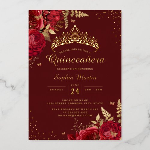 Golden Butterfly Red Gold Floral Quinceanera  Foil Invitation