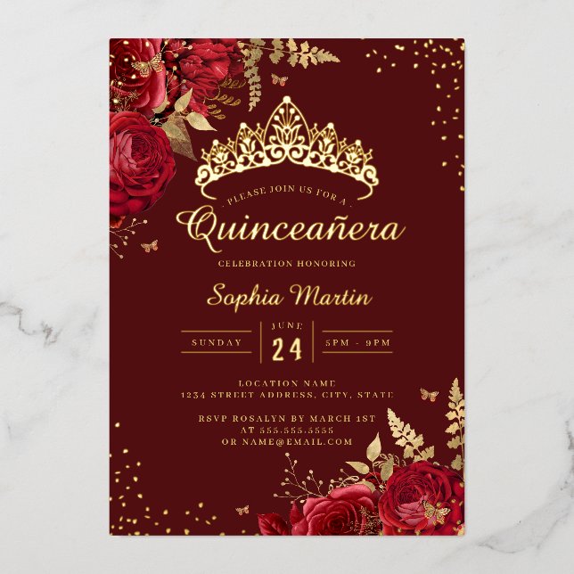 Golden Butterfly Red Gold Floral Quinceanera  Foil Invitation (Front)