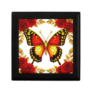 🌸 Golden Butterfly Red Roses And Golden Leaves Gift Box