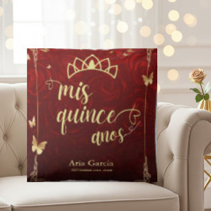 Golden Butterfly Red Roses Floral Quinceañera Throw Pillow