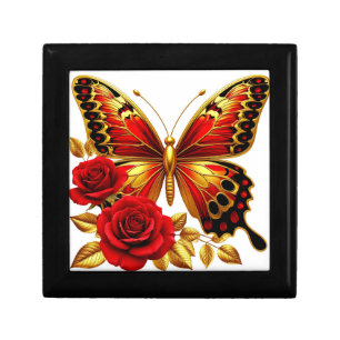 🌸Golden Butterfly Red Roses Golden Leaves Keepsak Gift Box