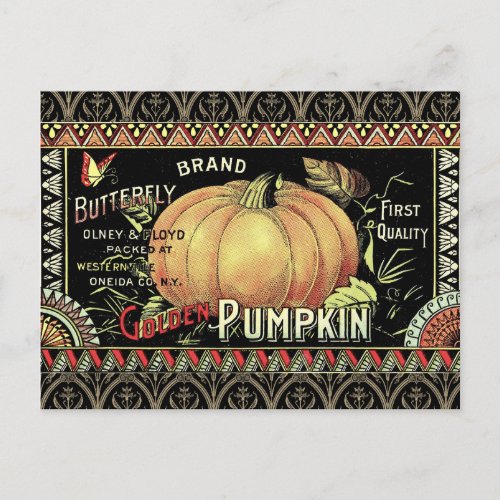 GOLDEN BUTTERFLY VINTAGE PUMPKIN CRATE LABEL POSTCARD