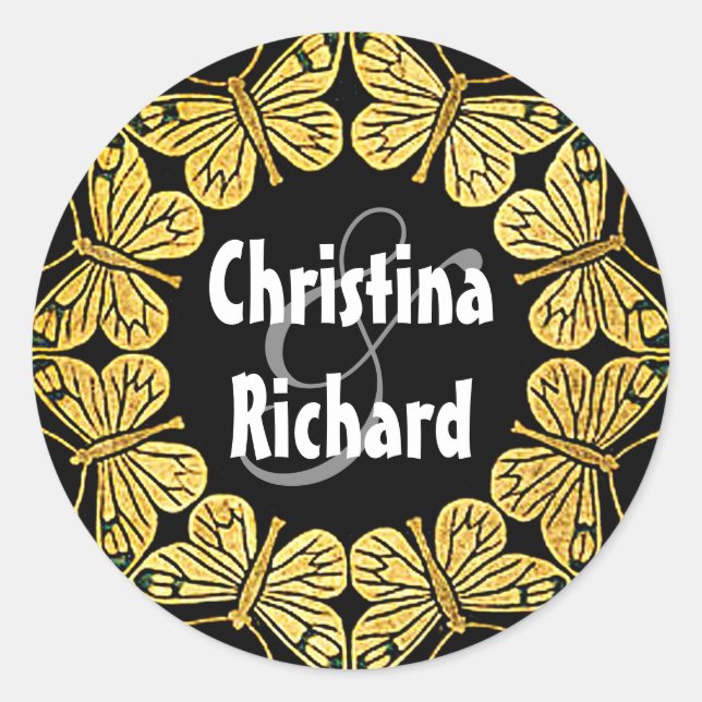 Golden Butterfly Wedding Classic Round Sticker (Front)